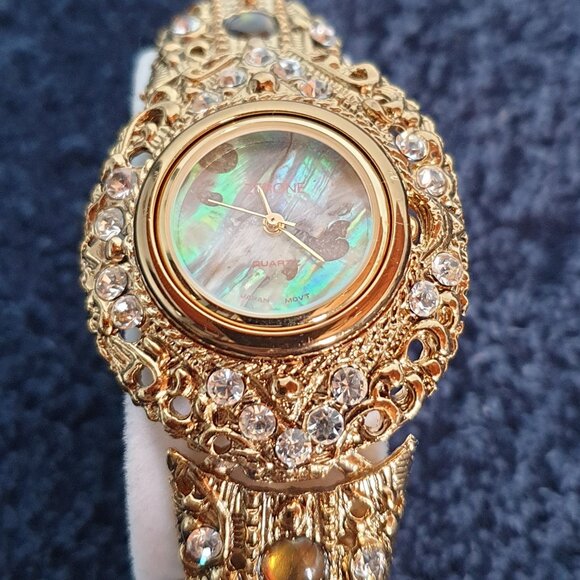 Vintage Jeweled Abalone Rhinestone & Tiger Eye Gold-Plated Japan Quartz Watch - Picture 1 of 16